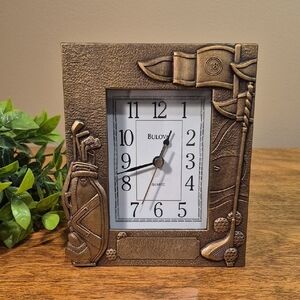 BULOVA Bronze Tone Golf Motif Desktop Clock Quartz Battery Operated Movement